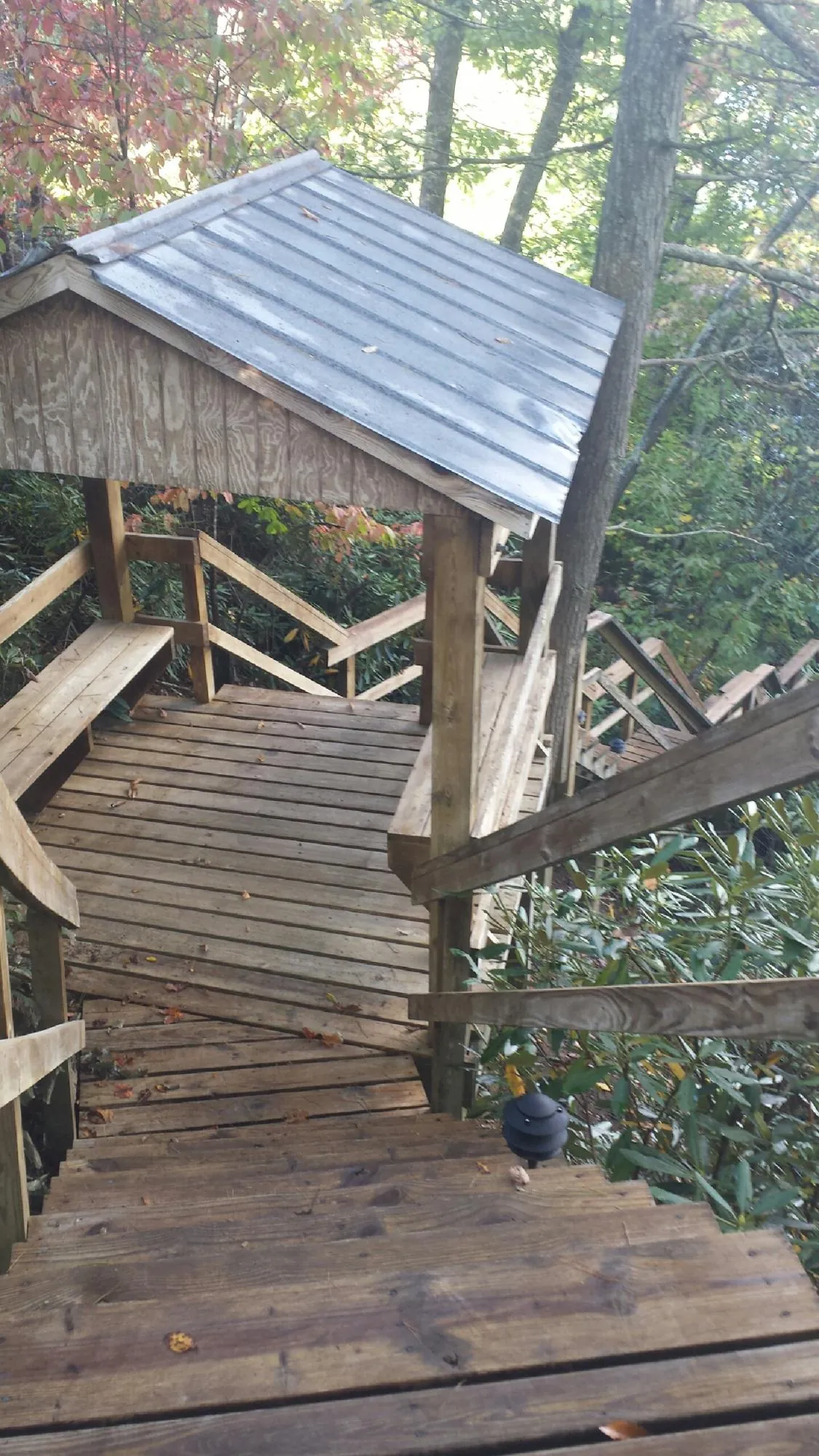 Metal roofed shelter over wooden steps on a wooded walkway — Skylight Repair & Installation work by our crew in Oakland City